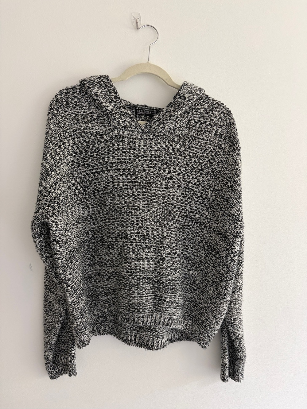 Cotton On Marled Black & White Hooded Knit Sweater